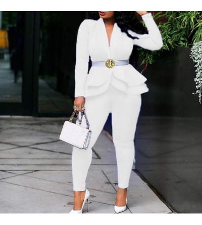 Thermal Underwear Womens 2 Piece Outfits-Mesh Patchwork Long Sleeve Blazer Jacket Wide Leg Long Pants Suits - White - CJ193OR...