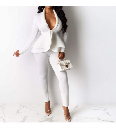 Thermal Underwear Womens 2 Piece Outfits-Mesh Patchwork Long Sleeve Blazer Jacket Wide Leg Long Pants Suits - White - CJ193OR...