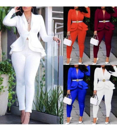 Thermal Underwear Womens 2 Piece Outfits-Mesh Patchwork Long Sleeve Blazer Jacket Wide Leg Long Pants Suits - White - CJ193OR...