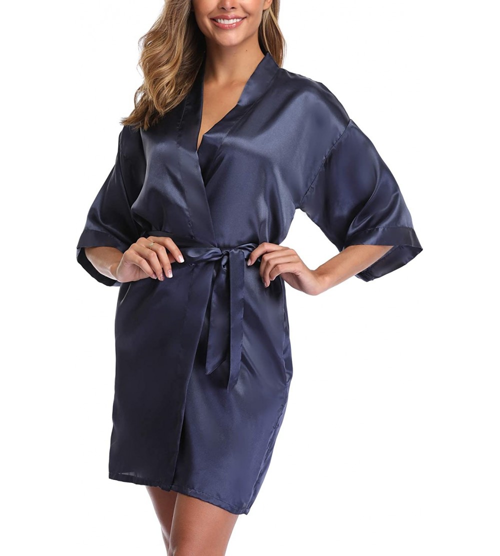 Robes Women's Short Satin Kimono Robe for Bridal Party Bathrobe Wedding Dressing Gown - P-navy - CW18ZXXRK8R $11.21