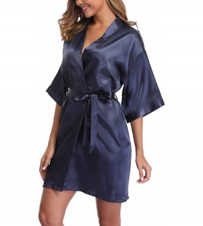 Robes Women's Short Satin Kimono Robe for Bridal Party Bathrobe Wedding Dressing Gown - P-navy - CW18ZXXRK8R $11.21