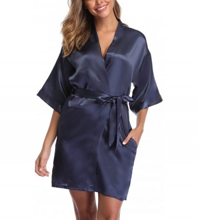 Robes Women's Short Satin Kimono Robe for Bridal Party Bathrobe Wedding Dressing Gown - P-navy - CW18ZXXRK8R $11.21