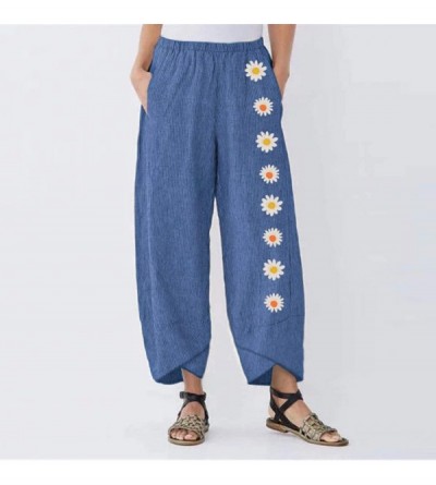 Bottoms Womens Wide Leg Palazzo Cotton Linen Pants Bohemian Yoga Hippie Flowy Harem Pajama Lounge Trousers. S XXXXL Blue - CF...