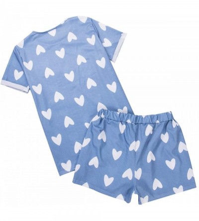 Sets Women 2 Pieces Set Heart Printed Pajama Set Nightwear Casual Top Shorts Set Homewear Summer - Blue - C0190STUKZN $24.64