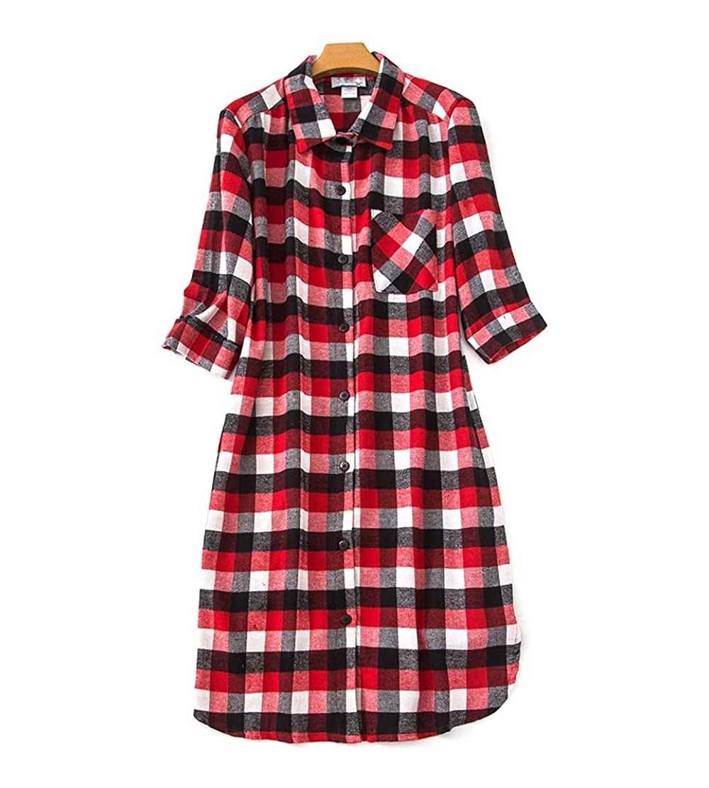 Tops Women's Sleep Shirt Flannel Print Pajama Top Button-Front Nightshirt Sleepwear - Long Red - CN1928EYXZD $11.99