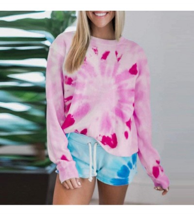 Thermal Underwear Women's Color Block Crewneck Long Sleeve Loose Pullover Sweatshirt Tops - Hot Pink - C919DU3K6QW $25.76