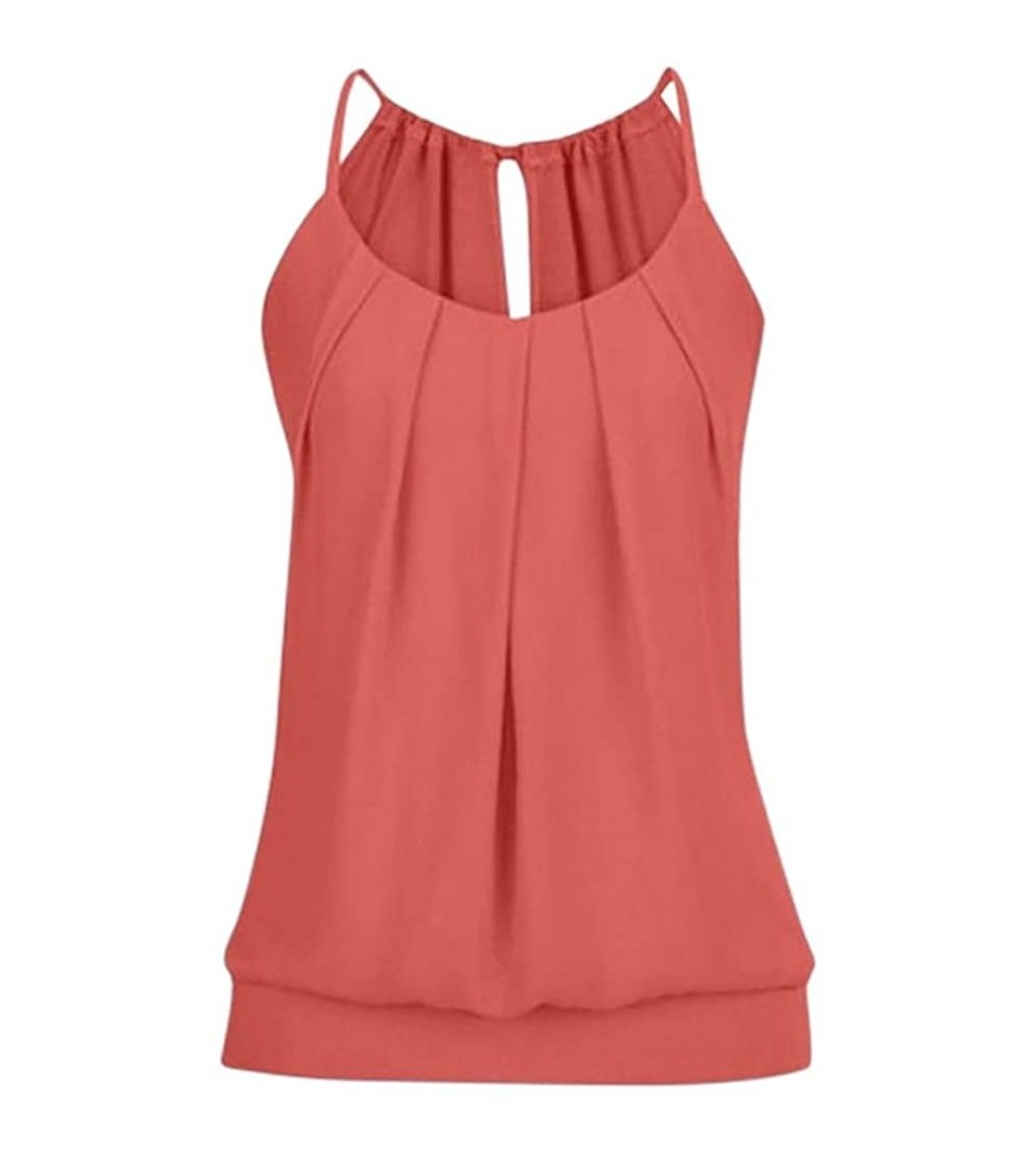 Nightgowns & Sleepshirts Women Summer Loose Vest Wrinkled O Neck Tank Tops Cami Blouse - Red - CV18EQ5XKSR $16.96