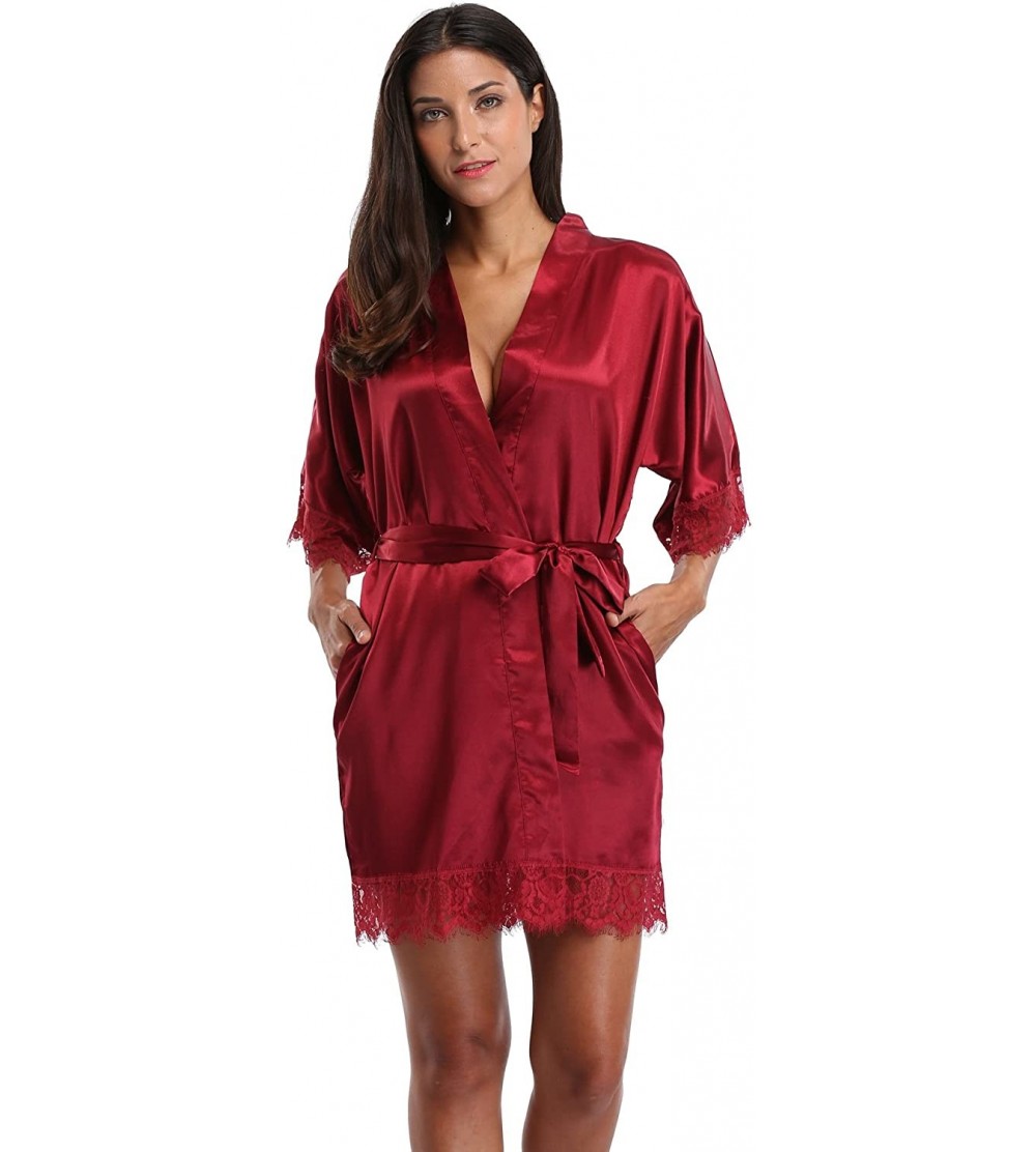 Robes Silk Kimono Robe Women Sleepwear Short Bridesmaid Bath Robes Wedding Party - Maroon - CE182DW5C5Y $14.03