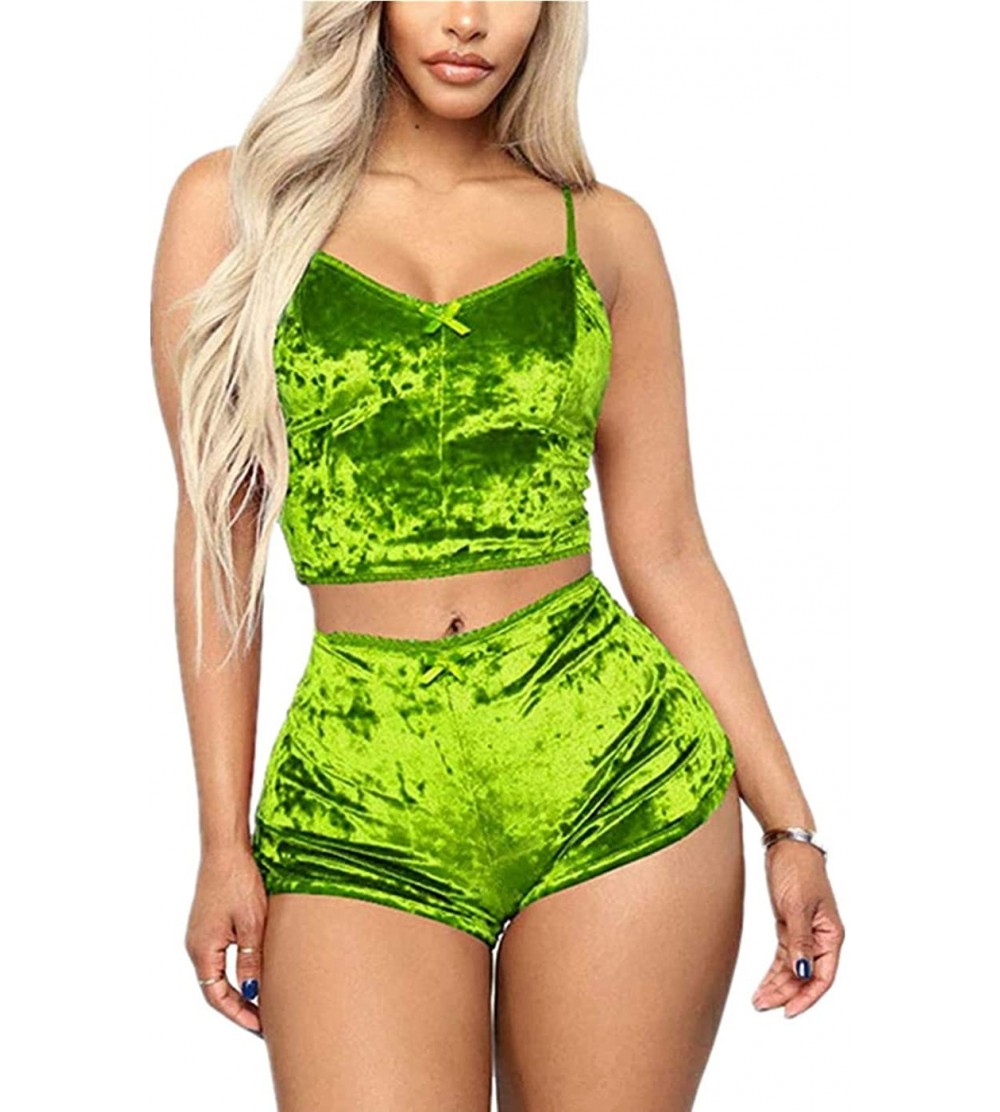 Sets Womens 2 Piece Outfit Sexy Velvet Crop Top Bodycon Shorts Set Pajama Sleepwear Nightwear Romper Jumpsuit Grass Green - C...