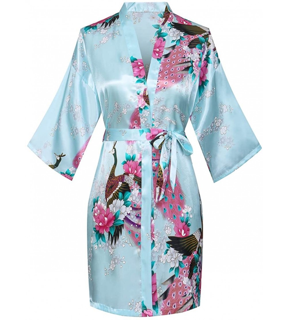 Robes Women's Short Floral Kimono Robe Peacock&Blossom Bridesmaid Robe for Wedding - Aqua - CA12IP785KX $11.99