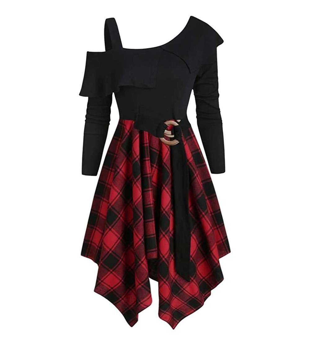 Thermal Underwear Cold Shoulder Plus Size Plaid Skew Neck Belted Dress Waist Ruffled Irregular Long Sleeve Dresses - Red - CD...