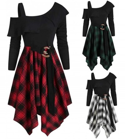 Thermal Underwear Cold Shoulder Plus Size Plaid Skew Neck Belted Dress Waist Ruffled Irregular Long Sleeve Dresses - Red - CD...