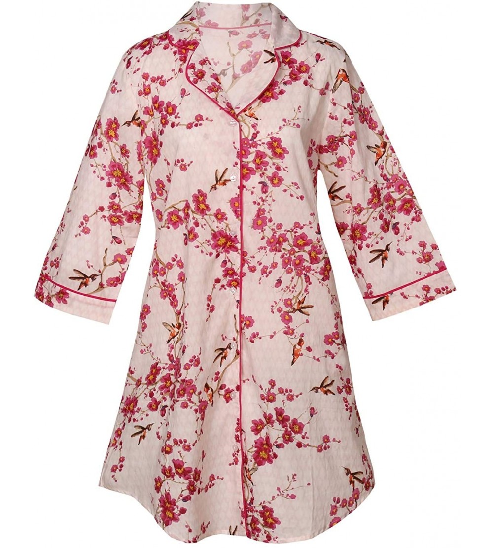 Tops Hummingbird Boyfriend Nightshirt - Cherry Blossom and Bird Print Sleep Shirt Pajama Top - 2X - C61903U7TDR $55.79