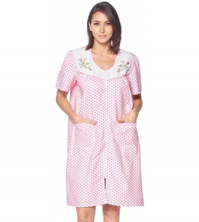 Robes Women's Zipper Front House Dress Short Sleeves Duster Lounger Housecoat Robe - Pink Dots - CW18RGTQEG2 $21.08