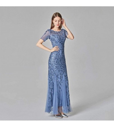 Bottoms Women's Illusion Embroidery Elegant Mermaid Evening Dress Short-Sleeve Leaf Sequin Beaded Mesh - Light Blue - CQ1943G...