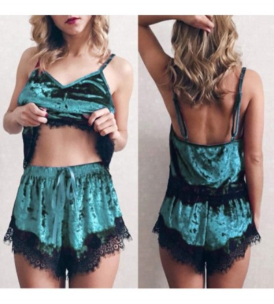 Sets Women Sexy 2Pcs Pajamas Set Satin Silk Sleepwear Lace Trim V Neck Lingerie Shorts Homewear - B-green - CS194UYC8NM $11.71