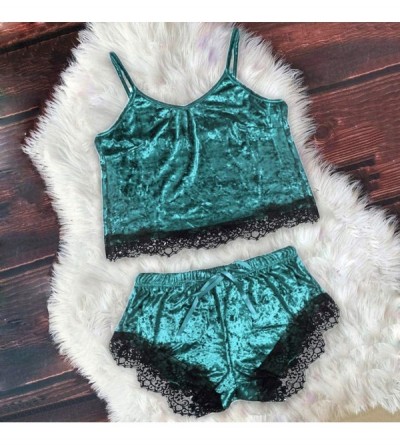 Sets Women Sexy 2Pcs Pajamas Set Satin Silk Sleepwear Lace Trim V Neck Lingerie Shorts Homewear - B-green - CS194UYC8NM $11.71