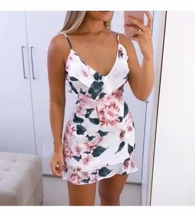 Tops Women's Sexy Floral Printed Suspender Dress Summer Beach Party Ruffle Strappy Mini Dresses - White - CC1985YMI6N $21.09