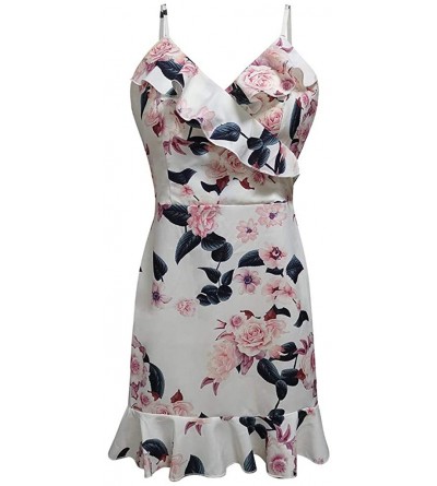 Tops Women's Sexy Floral Printed Suspender Dress Summer Beach Party Ruffle Strappy Mini Dresses - White - CC1985YMI6N $21.09