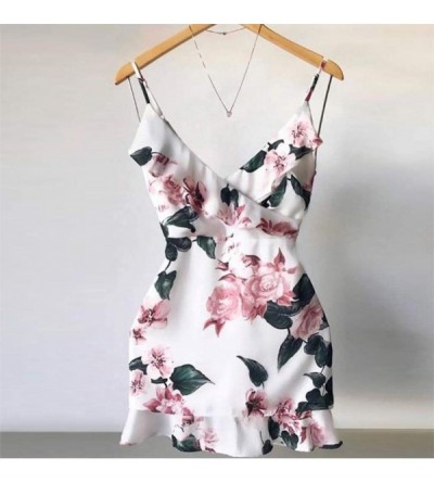 Tops Women's Sexy Floral Printed Suspender Dress Summer Beach Party Ruffle Strappy Mini Dresses - White - CC1985YMI6N $21.09