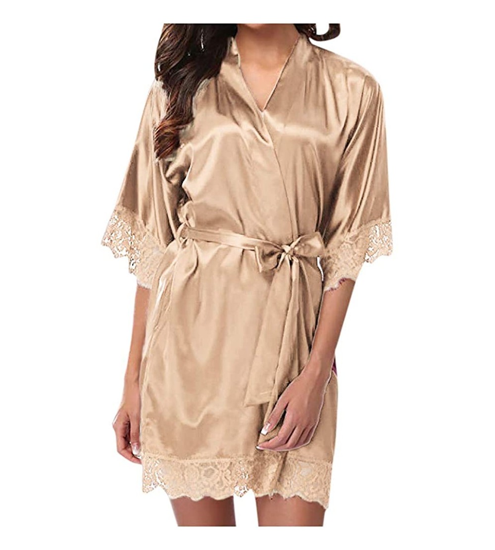 Sets Satin Robe Set for Women Lady Sexy Lace Sleepwear Nightwear Lingerie Pajamas Suit - Beige - C018A9LOQKA $10.09