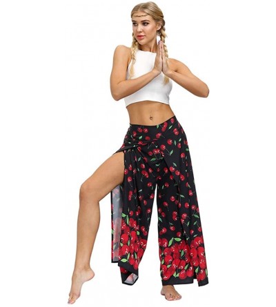 Bottoms Womens Palazzo Side Split Wide Leg Pants Summer Casual Beach Boho Hippie Floral Printed Workout Yoga Pants - Red - CM...