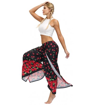 Bottoms Womens Palazzo Side Split Wide Leg Pants Summer Casual Beach Boho Hippie Floral Printed Workout Yoga Pants - Red - CM...