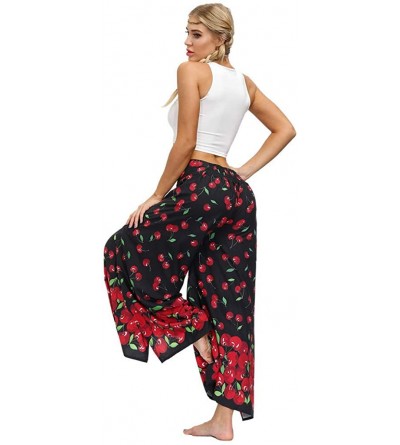 Bottoms Womens Palazzo Side Split Wide Leg Pants Summer Casual Beach Boho Hippie Floral Printed Workout Yoga Pants - Red - CM...