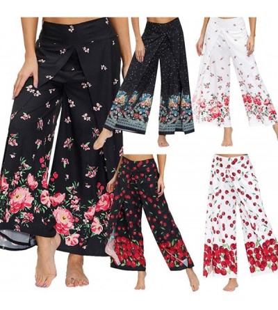 Bottoms Womens Palazzo Side Split Wide Leg Pants Summer Casual Beach Boho Hippie Floral Printed Workout Yoga Pants - Red - CM...