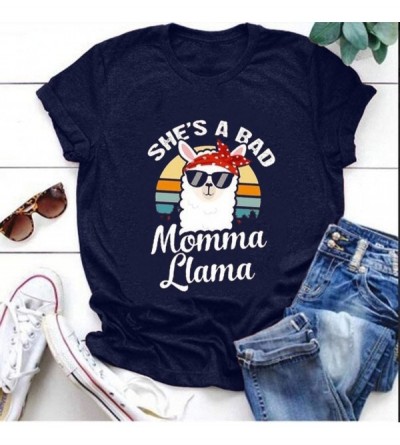 Tops Printed T-Shirt- Summer Women's Alpaca Short Sleeve Round Neck Plus Size top - K-navy - CB1943RCOU7 $15.07