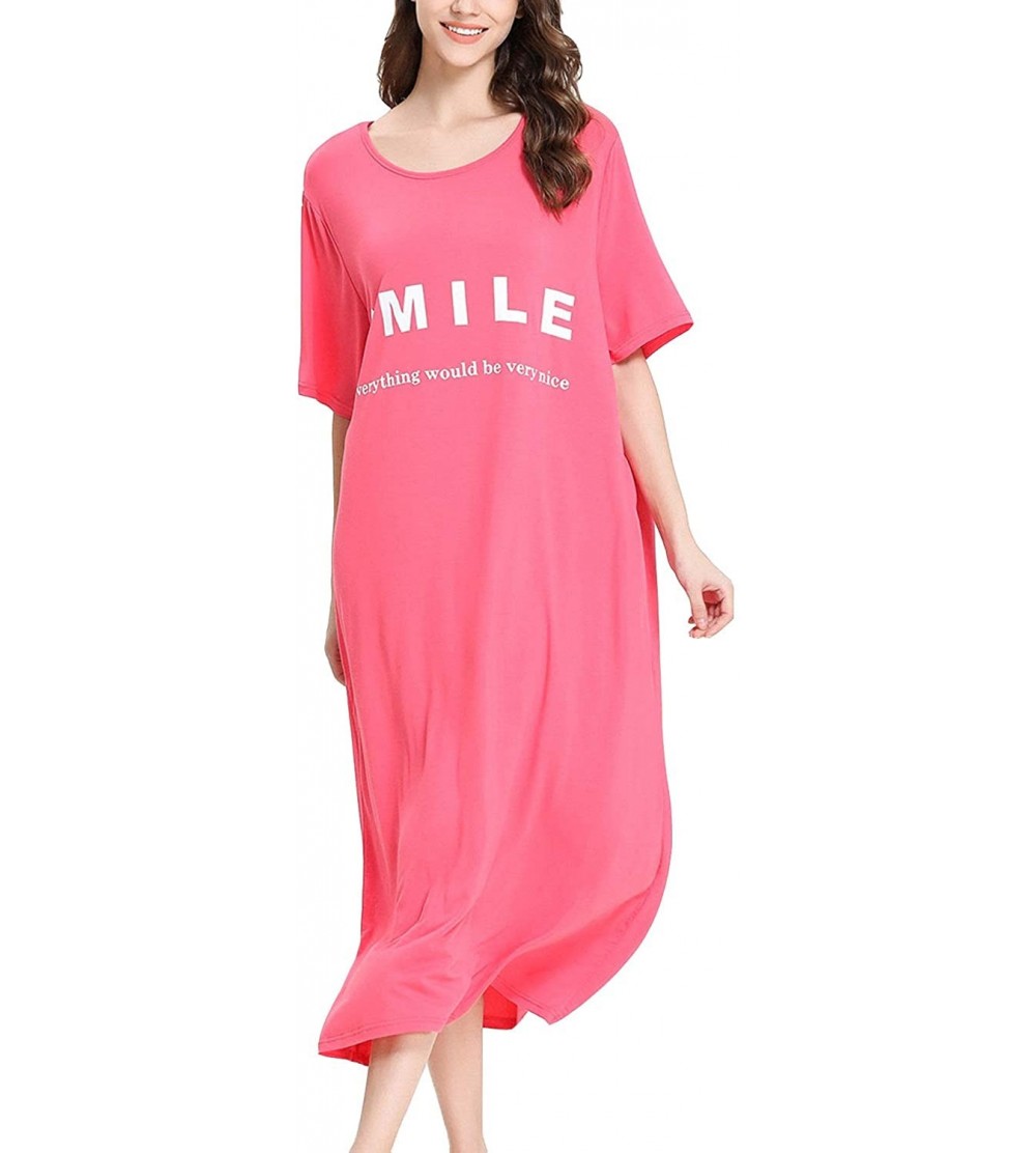 Nightgowns & Sleepshirts Women's Loose Fit Long Nightgown Short Sleeves Modal Oversized Soft Sleepwear Dress - Pink - CL18UT7...