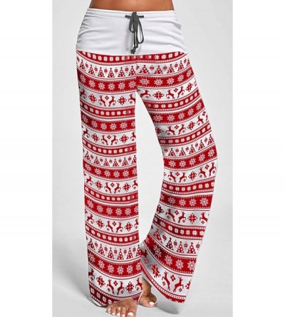 Bottoms Women's Comfy Stretch Floral Print Drawstring Long Wide Leg Lounge Pants - Christmas/Moose-red - CQ18ZTXW2CR $19.06