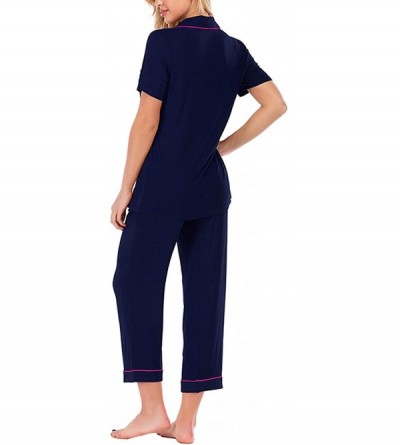 Sets Women's Notch Collar Pajama Set Comfy Pjs Soft Button Down Short Sleeve 2 Piece Sleepwear - Navy - CH199XQXHNN $35.36