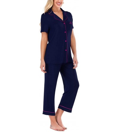 Sets Women's Notch Collar Pajama Set Comfy Pjs Soft Button Down Short Sleeve 2 Piece Sleepwear - Navy - CH199XQXHNN $35.36