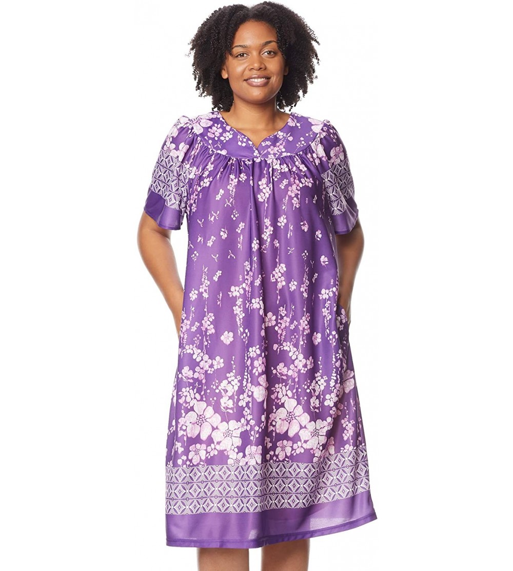 Nightgowns & Sleepshirts Women's Lounger House Dress - Short Sleeve Patio Dress w/Side Pockets - Purple Floral Border - CM18H...