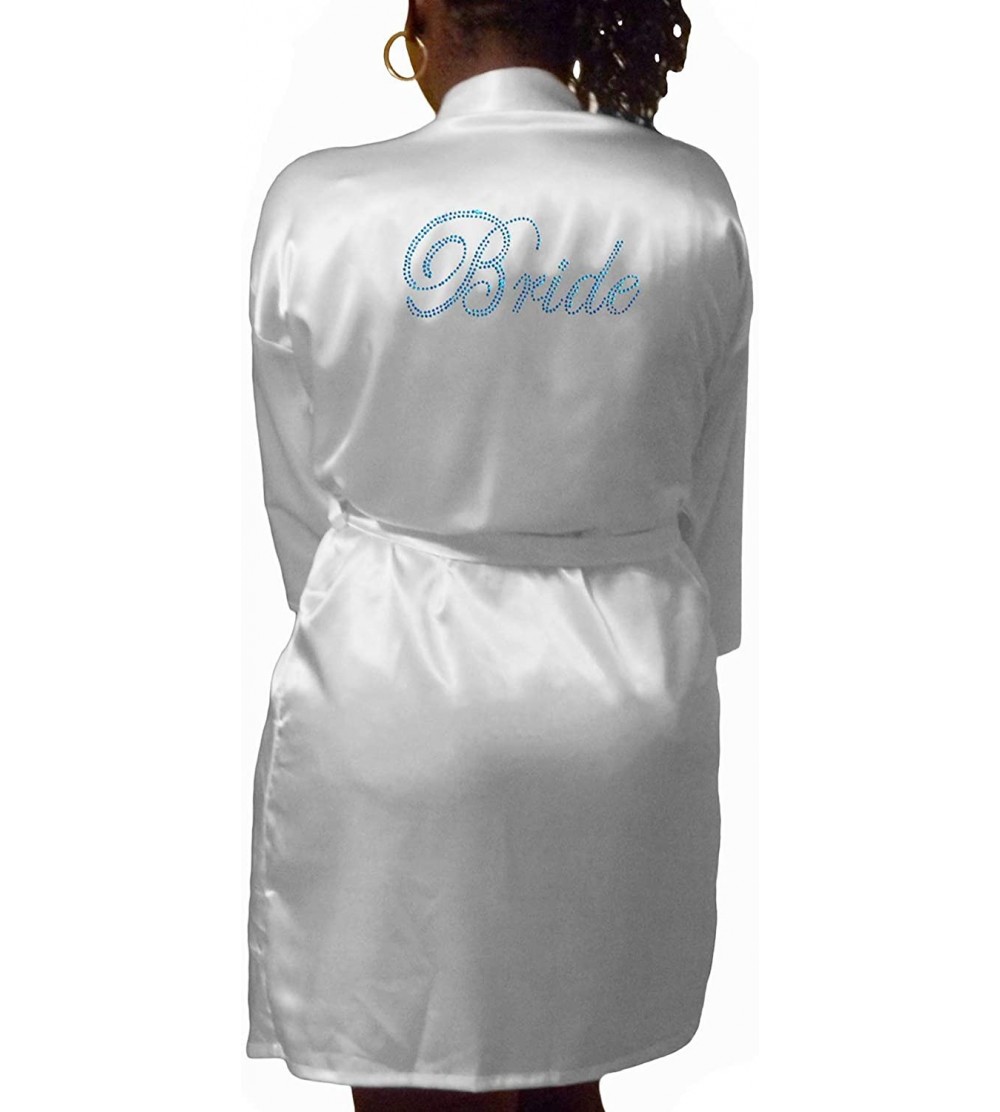 Robes Womens Short Kimono Solid Satin Lounge Robe - White W Blue Bride Rhinestones - CM12JF5649X $27.09