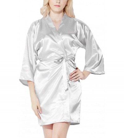 Robes Womens Short Kimono Solid Satin Lounge Robe - White W Blue Bride Rhinestones - CM12JF5649X $27.09