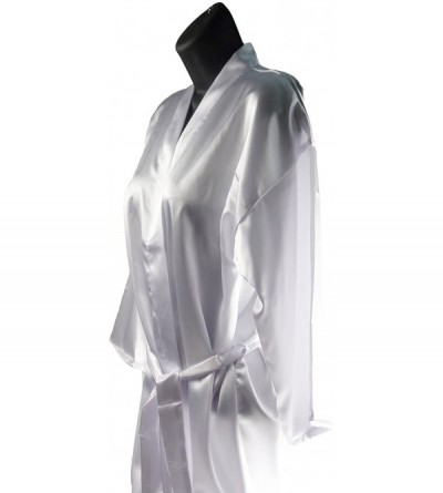 Robes Womens Short Kimono Solid Satin Lounge Robe - White W Blue Bride Rhinestones - CM12JF5649X $27.09