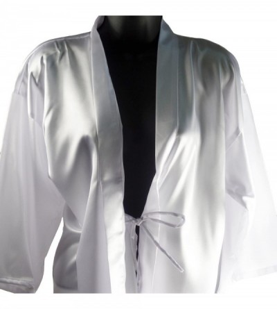 Robes Womens Short Kimono Solid Satin Lounge Robe - White W Blue Bride Rhinestones - CM12JF5649X $27.09