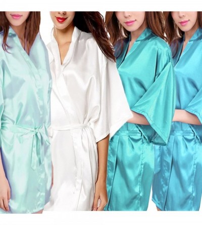 Robes Womens Short Kimono Solid Satin Lounge Robe - White W Blue Bride Rhinestones - CM12JF5649X $27.09