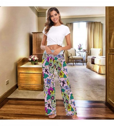 Bottoms Yellow Floral Head Skeleton Sugar Skull Women's Pajama Pants Lounge Sleep Wear - Multi - CR19COMCAH5 $27.72