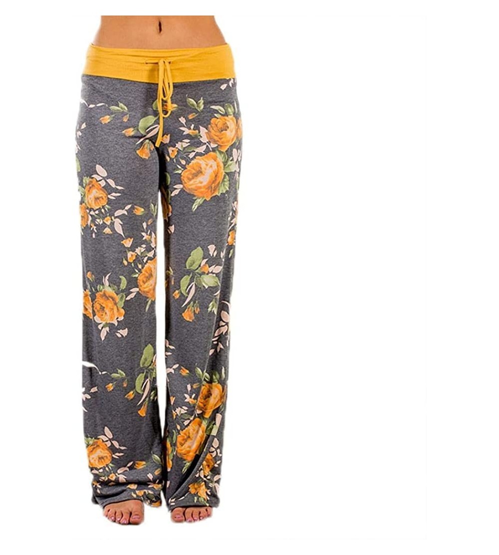 Bottoms Women Casual Floral Print Drawstring Wide Leg Pajama Lounge Pants Yoga Pants - Yellow - CU19DOEUNCS $22.18