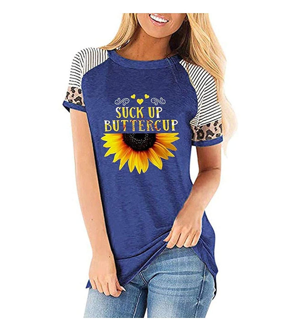 Nightgowns & Sleepshirts Women's Sunflower Leopard Patchwork Short Sleeve O-Neck Print Casual Top T-Shirt - Blue - CD197LWDUU...