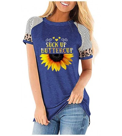 Nightgowns & Sleepshirts Women's Sunflower Leopard Patchwork Short Sleeve O-Neck Print Casual Top T-Shirt - Blue - CD197LWDUU...