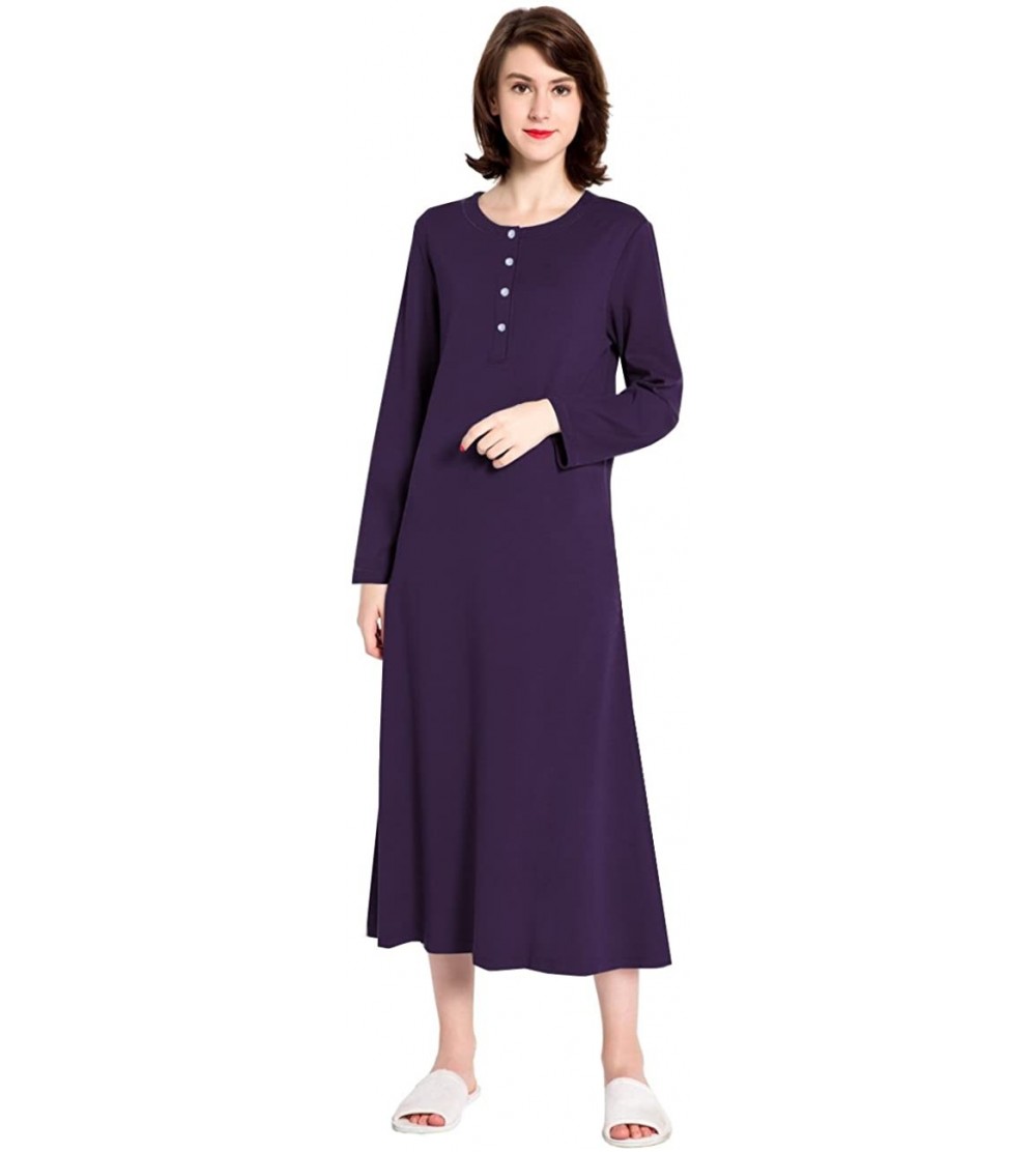 Nightgowns & Sleepshirts Cotton Knit Long Sleeve Nightgown for Women- Henley Full Length Sleep Dress - Purple - CW188407IX2 $...