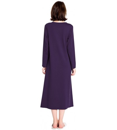 Nightgowns & Sleepshirts Cotton Knit Long Sleeve Nightgown for Women- Henley Full Length Sleep Dress - Purple - CW188407IX2 $...