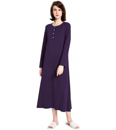 Nightgowns & Sleepshirts Cotton Knit Long Sleeve Nightgown for Women- Henley Full Length Sleep Dress - Purple - CW188407IX2 $...