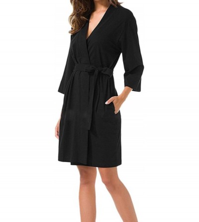 Robes Women's Knit Cotton Lightweight Kimono Robe Bathrobe with Side Pockets - Black - CS198O9A00H $29.48