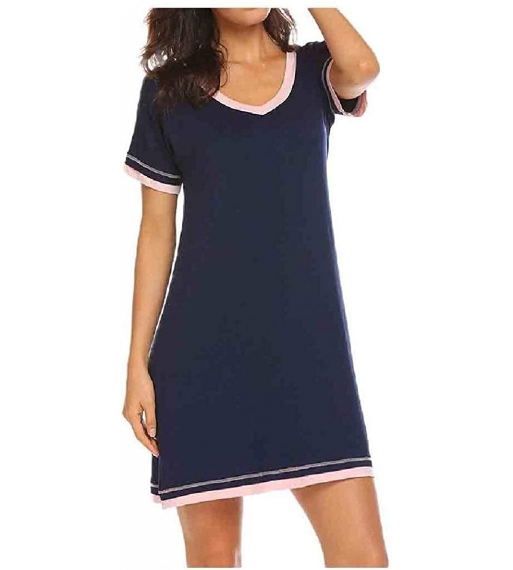 Tops Women's Short Sleeves Round Neck Daily Cozy Stitching Color Sleepwear - Navy Blue - C21900YNHC7 $29.99