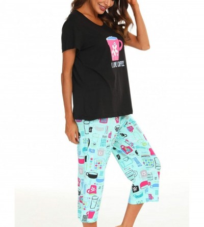 Sets Women's Cute Sleepwear Tops with Capri Pants Pajama Sets - Black Cup - CL18QU95U7C $19.36